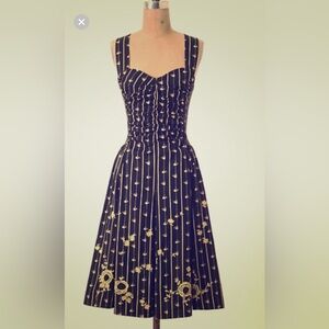 ANTHROPOLOGIE Ruched Martins Dress Birds Stripe. Size 6